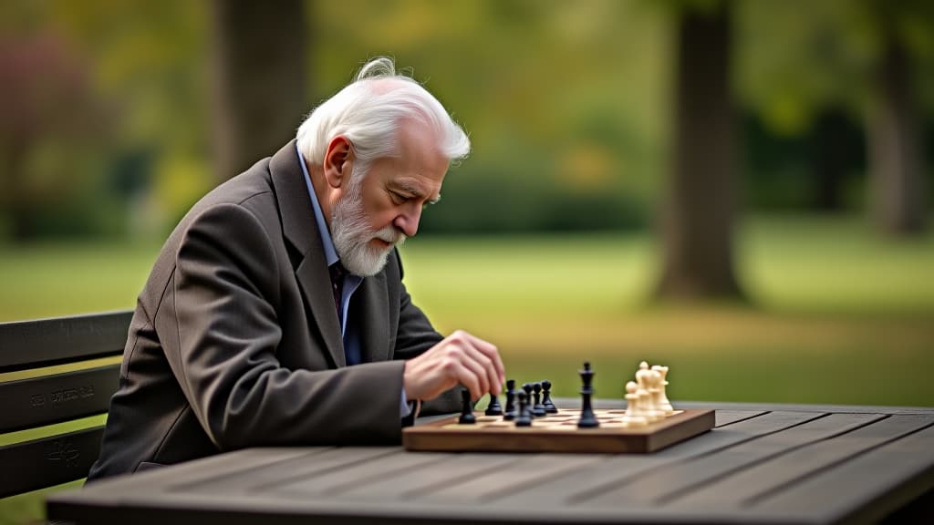  an elderly man is playing chess in the park