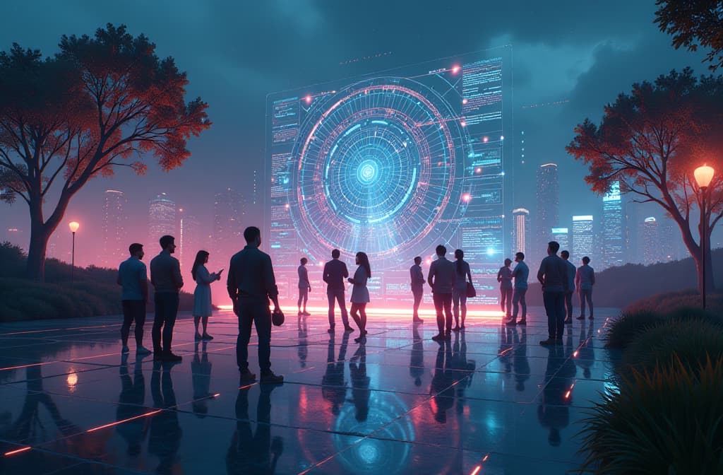  "create a futuristic digital landscape that symbolizes a conversation between humans and artificial intelligence. in the center, visualize a vibrant, holographic interface displaying glowing text and symbols, with diverse people engaged in animated discussions around it. surround this scene with neural network patterns and abstract representations of data flow, blending elements of technology and communication. the background should feature elements of a modern city infused with nature, signifying harmony between technology and the environment." hyperrealistic, full body, detailed clothing, highly detailed, cinematic lighting, stunningly beautiful, intricate, sharp focus, f/1. 8, 85mm, (centered image composition), (professionally color graded), ((bright soft diffused light)), volumetric fog, trending on instagram, trending on tumblr, HDR 4K, 8K