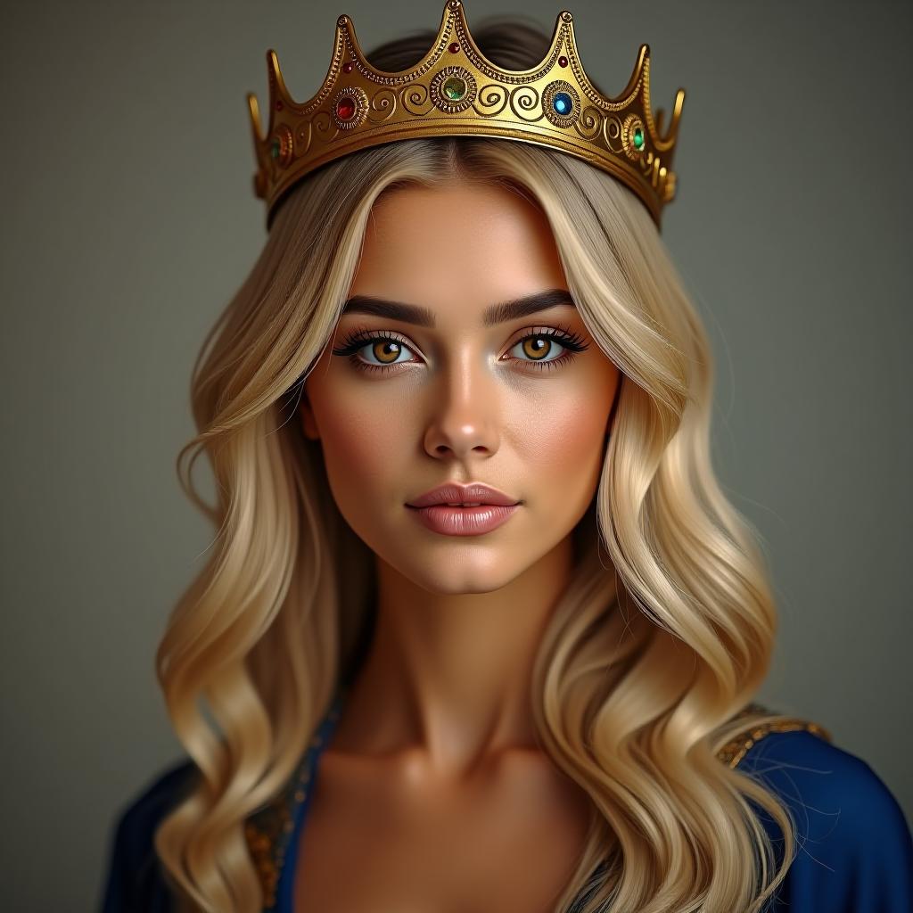  make an image of a blonde woman with brown eyes and tan olive skin wearing a gold crown with blue attire