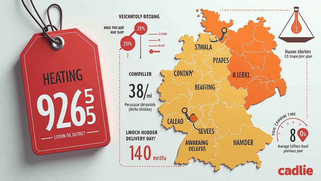  prompt: create an ultra realistic and detailed image showcasing the current situation of heating oil prices in the lahn dill district. include elements such as a price tag displaying 92.65 euros for 100 liters of heating oil, a graph illustrating stable price trends, and a map highlighting neighboring regions for potential better offers. show a calendar marking the average delivery time of 38 working days and a scale indicating the low price level compared to the previous year. incorporate a mag