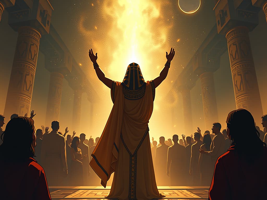  a charismatic leader standing before a captivated crowd, inspiring awe, light cascading from their presence, symbolizing catalytic change. the style is digital art illustration / modern comic book / mysterious occult, symbolic, esoteric vibe,high detail on character design, incorporating ancient egyptian symbology and attire.