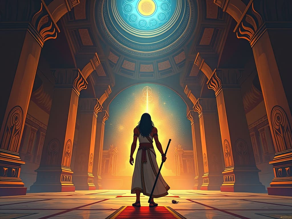  temple hall adorned with bright murals, depicting vivid future visions, sounds of enchanting flutes, emotional resonance in the air. the style is digital art illustration / modern comic book / mysterious occult, symbolic, esoteric vibe,high detail on character design, incorporating ancient egyptian symbology and attire.