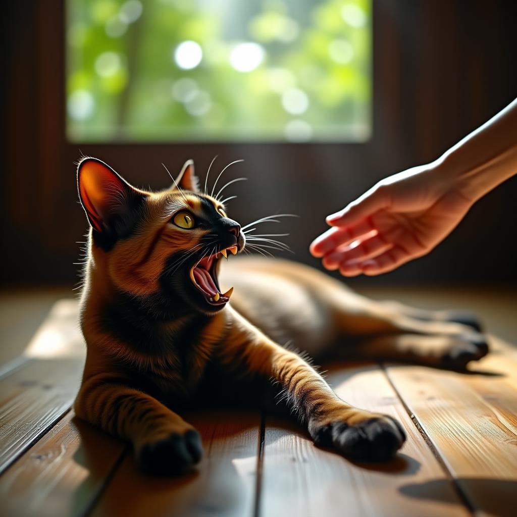  a fiery eyed tortoiseshell cat, fur a mosaic of orange, black, and cream, sprawls defiantly on weathered bamboo flooring. its arched back and bared fangs confront an outstretched human hand in a sun dappled malay kampung house. hyper realistic details capture every whisker and wood grain.