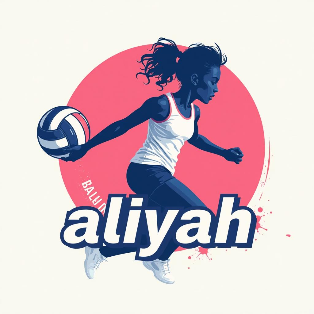  design a logo, logotipo minimalista en el tema de jugadora de volley ball atacando la red con el texto ‘aliyah’ colores blanco, rosa claro y azul marino . silueta de mujer adolescente con cabello ondulado