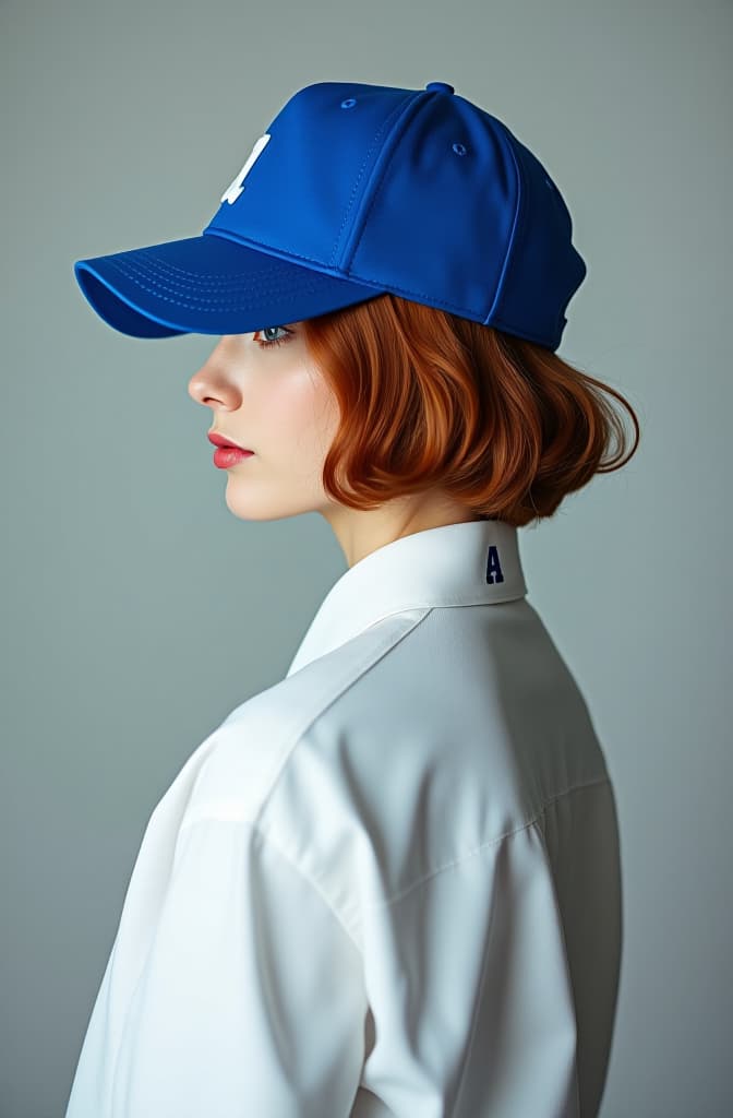  a white shirt with an embroidered logo on the back that says "a" in blue. a blue baseball cap worn in the style of a gingerhaired woman in a minimalistic style. award winning fashion photography, studio portrait for a vogue cover. ar 23. hyperrealistic, full body, detailed clothing, highly detailed, cinematic lighting, stunningly beautiful, intricate, sharp focus, f/1. 8, 85mm, (centered image composition), (professionally color graded), ((bright soft diffused light)), volumetric fog, trending on instagram, trending on tumblr, HDR 4K, 8K