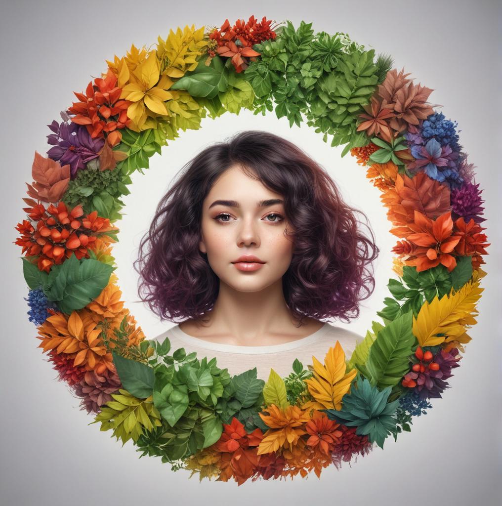 A circle where a has hair in rainbow color with different color of leaves and straight posture beautiful, lovely, iest big , iest big , , short hair, creative, detailed, perfume, beloved, wild, fat, pure, chubby, waring short, Indian s, background add more s. hyperrealistic, full body, detailed clothing, highly detailed, cinematic lighting, stunningly beautiful, intricate, sharp focus, f/1. 8, 85mm, (centered image composition), (professionally color graded), ((bright soft diffused light)), volumetric fog, trending on instagram, trending on tumblr, HDR 4K, 8K