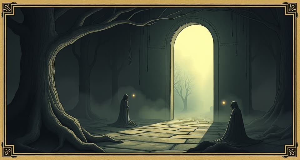  a portal opening to a land of light and clarity, fulfilling, destined, serene. an illustration in the style of a worn, mystical old tarot trump card, mysterious and elements of surrealism. the colors are muted, somber and eerie, but with contrast bring out an occult and esoteric vibe.