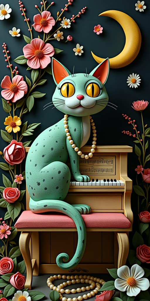  architectural ensemble of papier mache, moon cheshire cat with bulging eyes lime, crescent moon, pearls, background of dried flowers, piano, kaleidoscope of notes, night, a masterpiece of musical notation