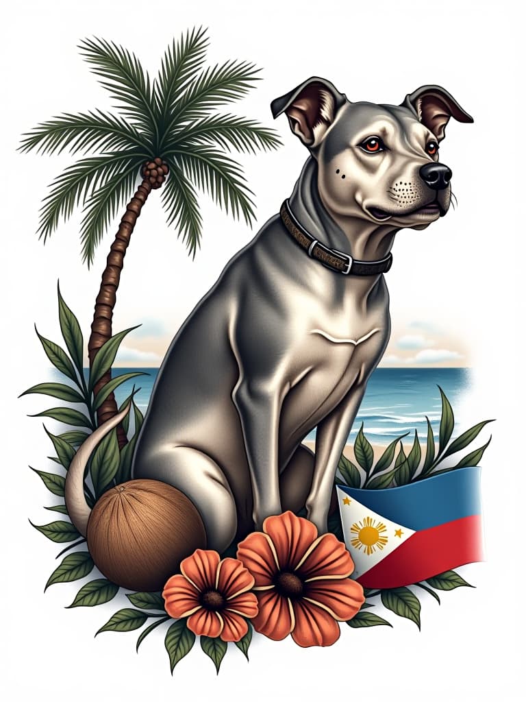  family, sea, dog, coconut tree, philippine flagfamily, sea, dog, coconut tree, philippine flag. generate a professional tattoo illustration. the tattoo should be isolated and centered. place the tattoo in the center on a solid white background. tattoo with hyperrealistic, full body, detailed clothing, highly detailed, cinematic lighting, stunningly beautiful, intricate, sharp focus, f/1. 8, 85mm, (centered image composition), (professionally color graded), ((bright soft diffused light)), volumetric fog, trending on instagram, trending on tumblr, HDR 4K, 8K