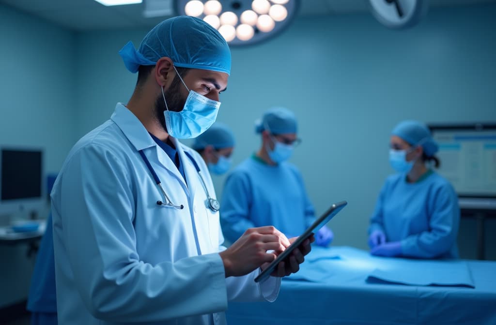  doctor utilizing advanced digital tablet technology in modern healthcare. medical professional in operating room analyzing real time patient data, cutting edge medical innovations and solutions. ar 3:2 {prompt}, maximum details