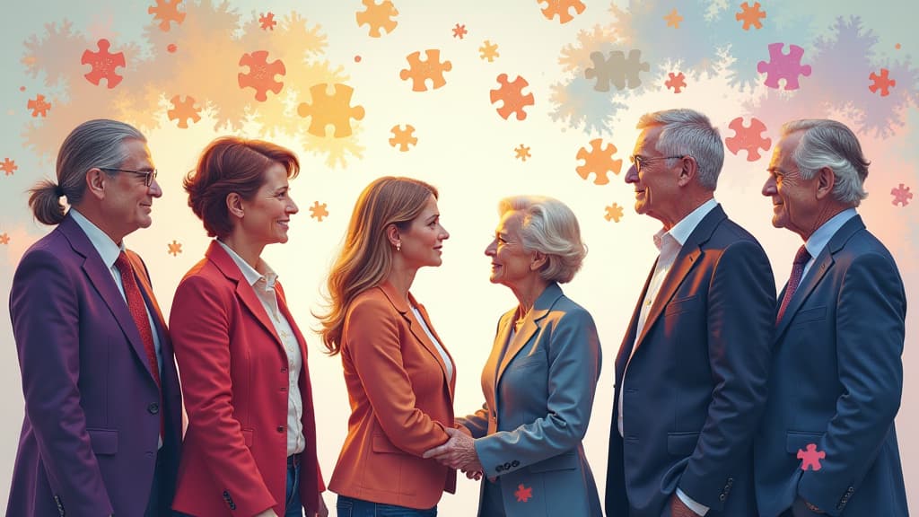  prompt: create a hyper realistic and detailed image for dementia awareness week, focusing on support, destigmatization, and policy advocacy. the scene should feature federal senior citizens minister lisa paus and federal health minister prof. karl lauterbach standing alongside individuals affected by dementia and their families. include symbolic elements like puzzle pieces representing the complexity of the disease and vibrant colors signifying hope and awareness. incorporate logos of the nation