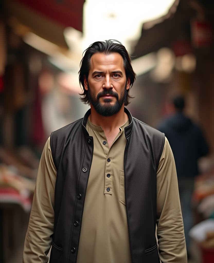  keanu reeves in pakistani clothes standing in buzy market