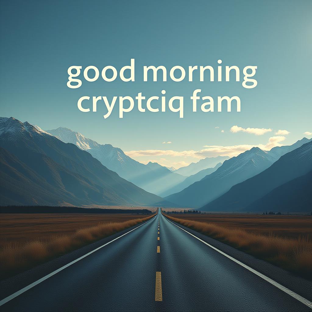  a long road between mountains and at the end of the road the message "good morning cryptiq fam" is written on the sky