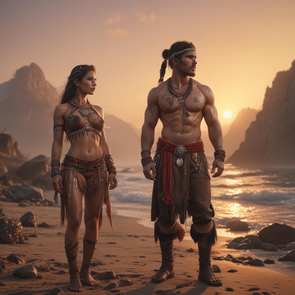 ((masterpiece)),(((best quality))), 8k, high detailed, ultra detailed, sexy tribe couple, (muscular male), (beautiful female), tribal jewelry, (sunset backdrop) hyperrealistic, full body, detailed clothing, highly detailed, cinematic lighting, stunningly beautiful, intricate, sharp focus, f/1. 8, 85mm, (centered image composition), (professionally color graded), ((bright soft diffused light)), volumetric fog, trending on instagram, trending on tumblr, HDR 4K, 8K