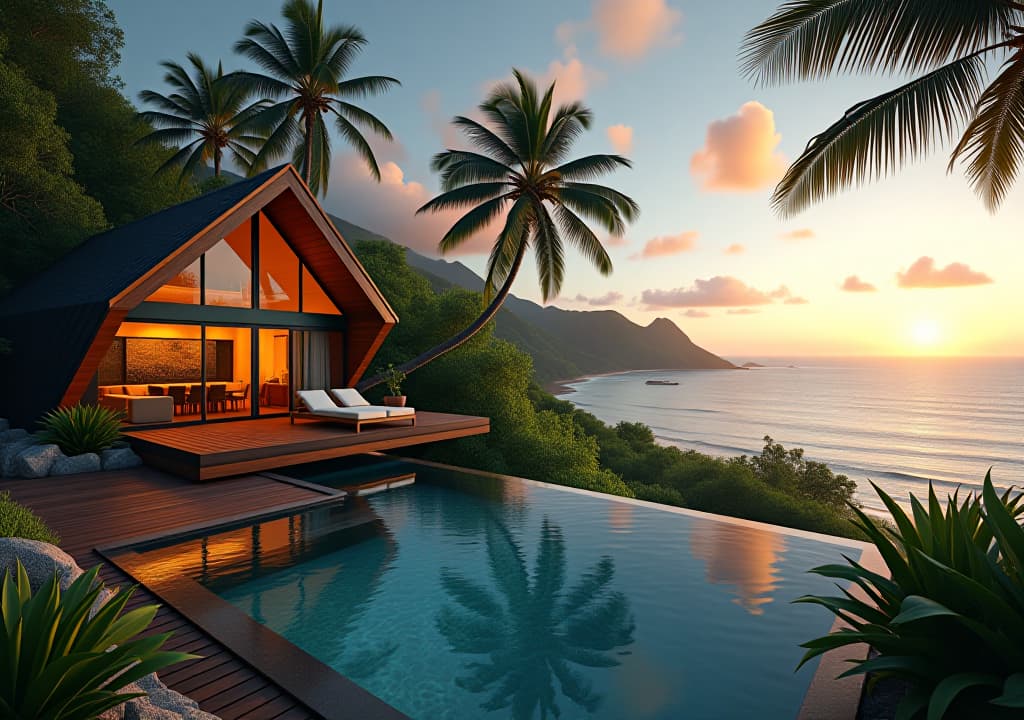  a luxurious cabin nestled in lush tropical foliage overlooking the caribbean sea, with a private infinity pool in the foreground and distant hills in the background. the cabin features modern architecture with large windows and a wooden deck. soft evening light casts a warm glow over the scene., in the style of disney hyperrealistic, full body, detailed clothing, highly detailed, cinematic lighting, stunningly beautiful, intricate, sharp focus, f/1. 8, 85mm, (centered image composition), (professionally color graded), ((bright soft diffused light)), volumetric fog, trending on instagram, trending on tumblr, HDR 4K, 8K