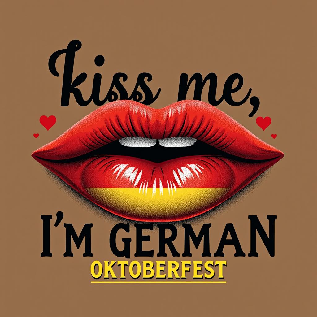  festive design with 'kiss me, i'm german.' bold font, with lips and a small german flag with subtle hearts. place the word oktoberfest at the bottom of the image