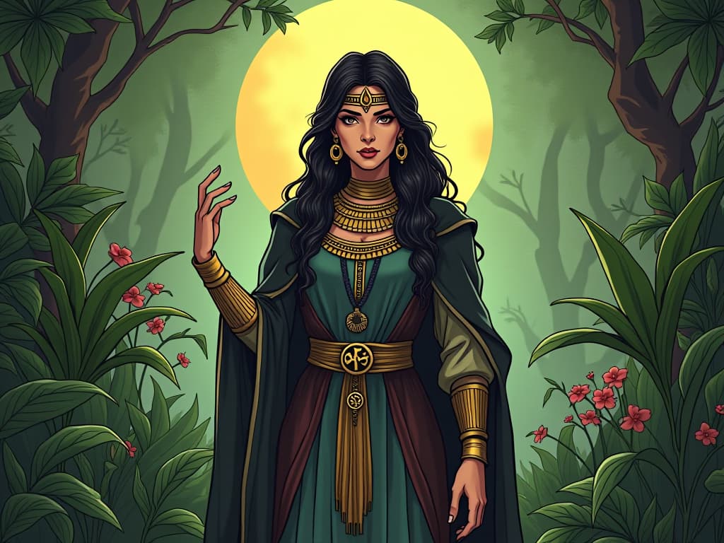  a wise looking woman in medieval attire, standing in a lush garden, surrounded by medicinal herbs and plants. the style is digital art illustration / modern comic book / mysterious occult, symbolic, esoteric vibe,high detail on character design, incorporating ancient egyptian symbology and attire.