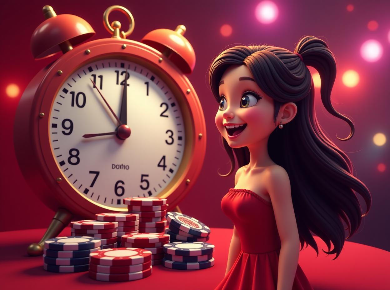  a casino theme with a clock and casino chips with a girl infront happy because she won a lottery on a red background with a stream of lights and a neon colored background, andries stock, incoherents, highly detailed digital art, computer graphics, cartoonish,, high quality, high details, hd, perfect composition, 4k epic detailed, highly detailed, sharp focus, high resolution