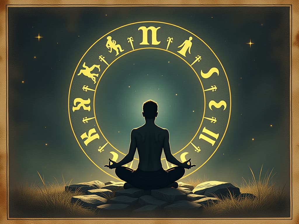  a figure meditating inside a stone circle, ancient runes glowing, sense of fortification and strength, connection with the universe, serene atmosphere. an illustration in the style of a worn, mystical old tarot trump card, mysterious and elements of surrealism. the colors are muted, somber and eerie, but with contrast bring out an occult and esoteric vibe.