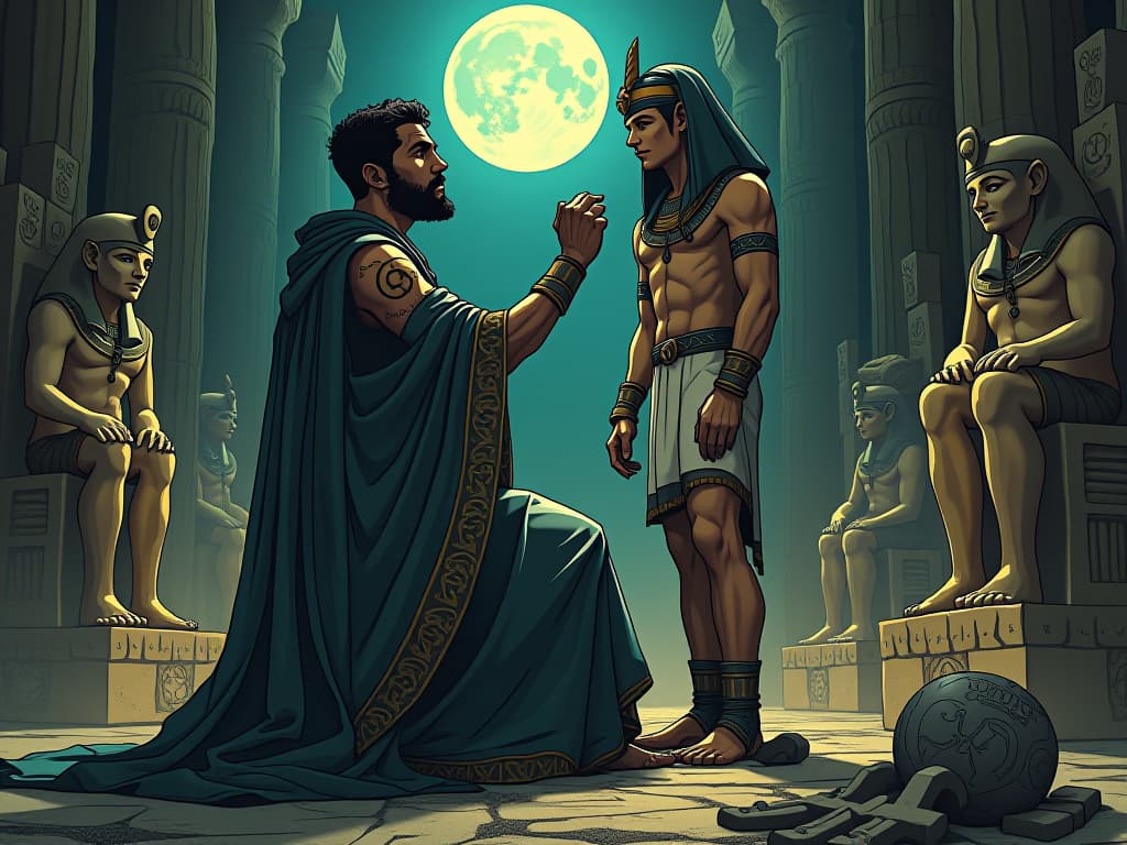  sculptor in ancient robes, chiseling a statue under the moonlight, surrounded by carved masterpieces, symbolizing the power of thoughts and beliefs. the style is digital art illustration / modern comic book / mysterious occult, symbolic, esoteric vibe,high detail on character design, incorporating ancient egyptian symbology and attire.