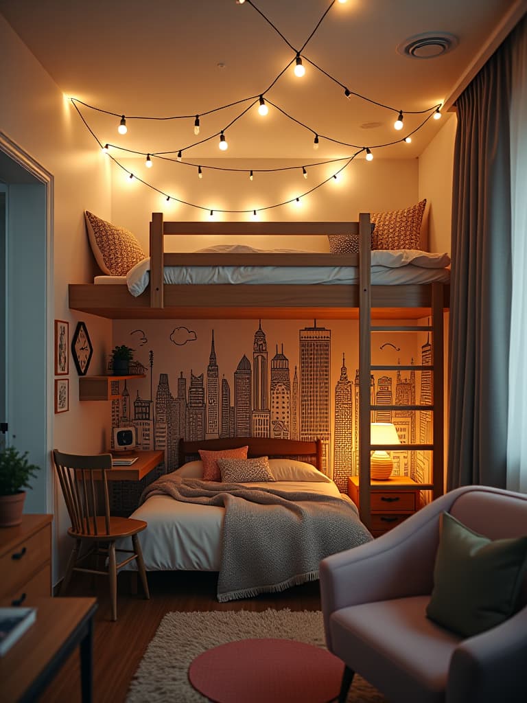  high quality portrait photo of a whimsical small bedroom with a hand drawn cityscape wallpaper mural, loft bed with a study nook underneath, and string lights cascading from the ceiling hyperrealistic, full body, detailed clothing, highly detailed, cinematic lighting, stunningly beautiful, intricate, sharp focus, f/1. 8, 85mm, (centered image composition), (professionally color graded), ((bright soft diffused light)), volumetric fog, trending on instagram, trending on tumblr, HDR 4K, 8K