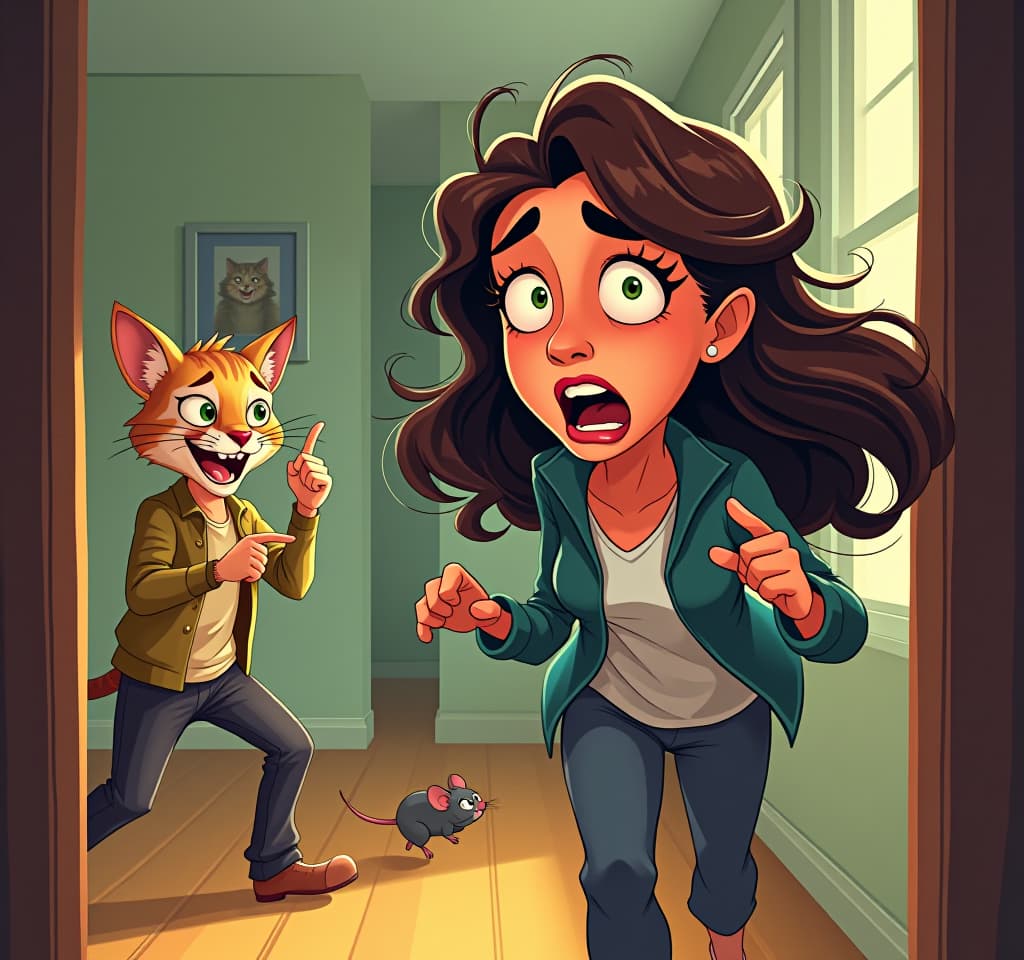  concept art (humorous illustration, double exposure:1.3). a very frightened woman being chased by a small mouse. (in the background, the cat laughs maliciously, smirks and points at the woman with his finger:1.5). home environment. exaggerated facial expressions and movements, body language, bright colors, cartoon style, comic book style. . digital artwork, illustrative, painterly, matte painting, highly detailed hyperrealistic, full body, detailed clothing, highly detailed, cinematic lighting, stunningly beautiful, intricate, sharp focus, f/1. 8, 85mm, (centered image composition), (professionally color graded), ((bright soft diffused light)), volumetric fog, trending on instagram, trending on tumblr, HDR 4K, 8K