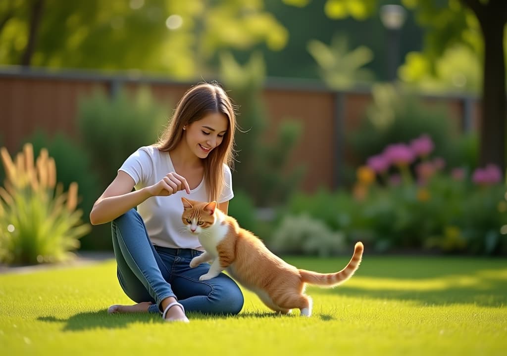  a cat lover playing with their cat in a sunny garden, full body shot, natural lighting, with copy space