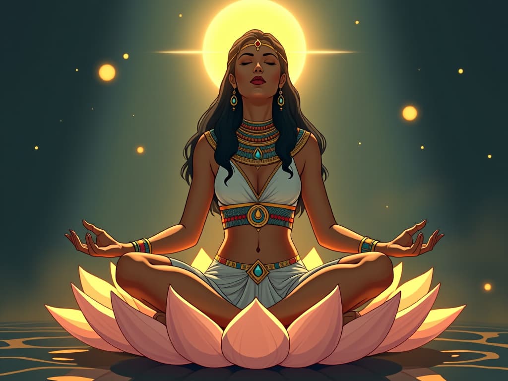  meditating priestess, seated on a lotus flower, eyes closed, surrounded by glowing orbs of light, serene and focused mood. the style is digital art illustration / modern comic book / mysterious occult, symbolic, esoteric vibe,high detail on character design, incorporating ancient egyptian symbology and attire.