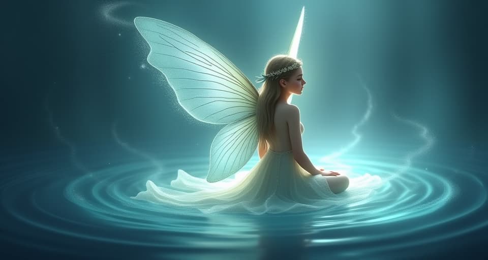  mystical aura around a serene fairy, her luminous wings causing a soft ripple in the air. mood: shifting, ethereal.. the style is digital art illustration,highly detailed, whimsical,magical, dreamlike atmosphere, realism and fantasy blend, smooth, glossy textures,luminous quality, wonder and enchantment.