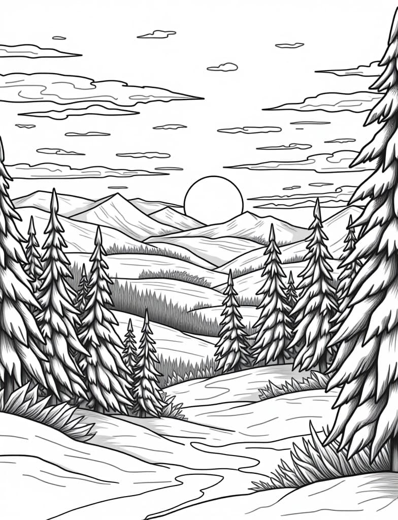  this is for an adult coloring page. a detailed black and white line art of a snowy winter sunrise over a snow covered valley on a solid white background.