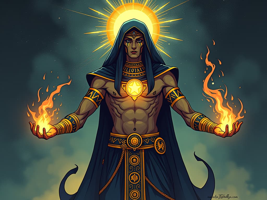  mystic figuring, adorned in sacred symbols, manipulating energies around, a sense of control and intentionality. the style is digital art illustration / modern comic book / mysterious occult, symbolic, esoteric vibe,high detail on character design, incorporating ancient egyptian symbology and attire.