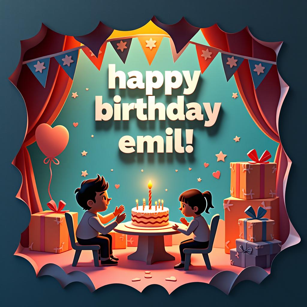  paper cut out style illustration with layered shapes forming a birthday scene and "happy birthday emil!" in cut out letters hyperrealistic, full body, detailed clothing, highly detailed, cinematic lighting, stunningly beautiful, intricate, sharp focus, f/1. 8, 85mm, (centered image composition), (professionally color graded), ((bright soft diffused light)), volumetric fog, trending on instagram, trending on tumblr, HDR 4K, 8K