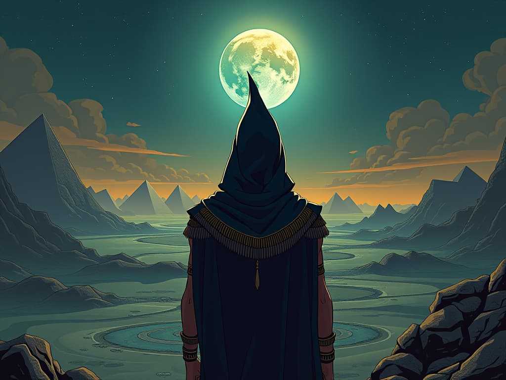  a figure with illuminated eyes, gazing upon an ancient egyptian landscape, conveying unique perception of the world. the style is digital art illustration / modern comic book / mysterious occult, symbolic, esoteric vibe,high detail on character design, incorporating ancient egyptian symbology and attire.