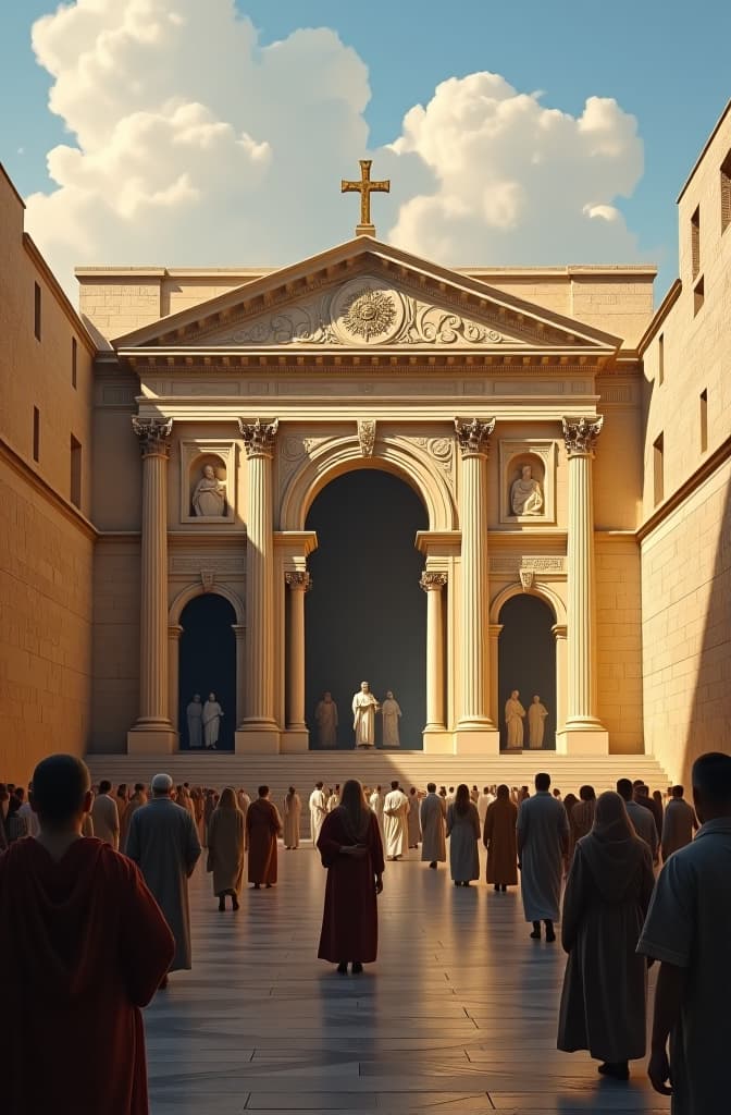  a realistic oil painting of the temple of jerusalem, inspired by ancient roman architecture, with a focus on the ornate entrance and a crowd of people. #historicalart #bibleart #classicar hyperrealistic, full body, detailed clothing, highly detailed, cinematic lighting, stunningly beautiful, intricate, sharp focus, f/1. 8, 85mm, (centered image composition), (professionally color graded), ((bright soft diffused light)), volumetric fog, trending on instagram, trending on tumblr, HDR 4K, 8K