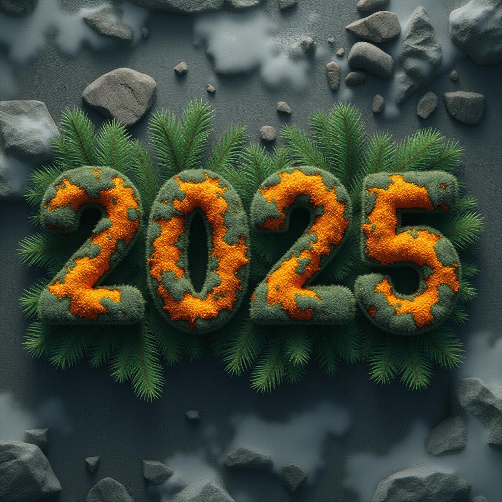  top down view small volumetric letters "2025" made from fir branches ar3:2 {prompt}, maximum details