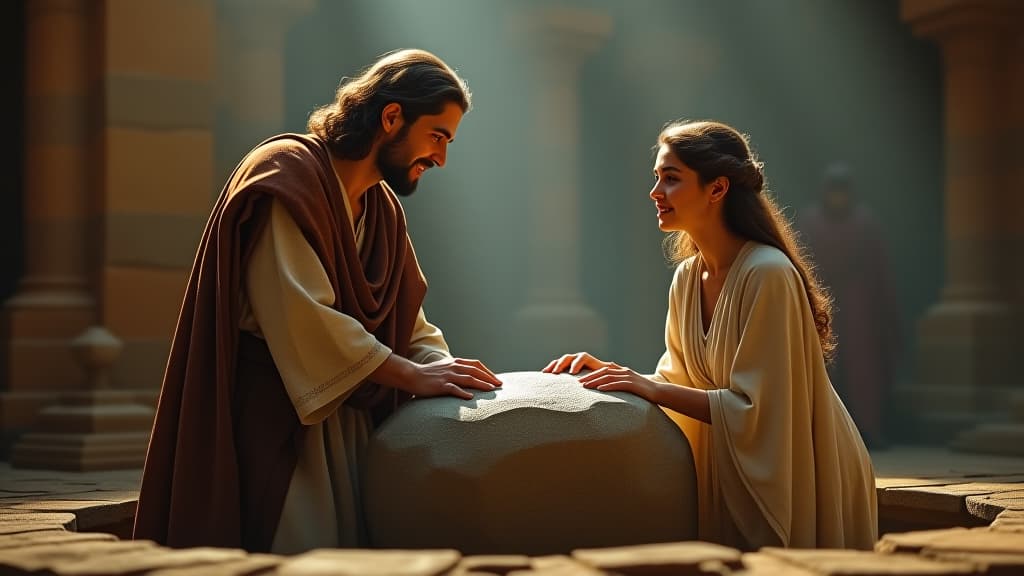  history of biblical times, jacob meeting rachel for the first time, lifting the stone from the well as she looks on with admiration. hyperrealistic, full body, detailed clothing, highly detailed, cinematic lighting, stunningly beautiful, intricate, sharp focus, f/1. 8, 85mm, (centered image composition), (professionally color graded), ((bright soft diffused light)), volumetric fog, trending on instagram, trending on tumblr, HDR 4K, 8K