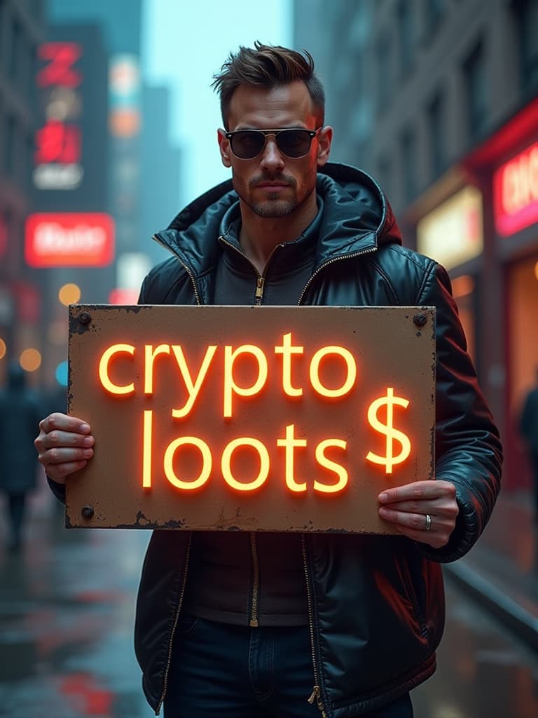  a cyberpunk styled man holding a billboard 'crypto loots hq' written with glowing words in cyberpunk style, and a glowing small dollar logo near the text. negative prompt: "blurry details, distorted facial features, exaggerated body proportions, unnatural lighting, awkward posture, low image quality, messy background, overly sharp shadows, disproportionate limbs, overly harsh facial expressions." hyperrealistic, full body, detailed clothing, highly detailed, cinematic lighting, stunningly beautiful, intricate, sharp focus, f/1. 8, 85mm, (centered image composition), (professionally color graded), ((bright soft diffused light)), volumetric fog, trending on instagram, trending on tumblr, HDR 4K, 8K