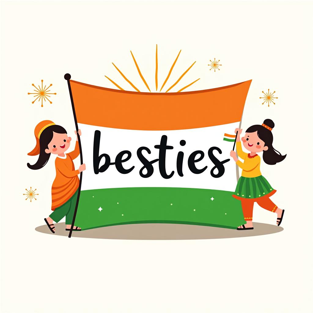  design a festive and cheerful profile picture logo for a group named 'besties' to celete independence day in india. the logo should include vint colors ociated with the indian flag (saffron, white, and green) and feature a cute and in the corners, dressed in traditional indian attire or holding small flags. the central part of the logo should have 'besties' written in a fun, font. add subtle independence day elements, like a backdrop of fireworks or the ashoka chakra, to emphasize the celetion. the overall design should be lively, engaging, and full of patriotic spirit