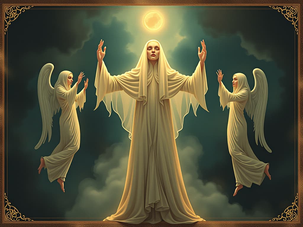  spiritual beings, enveloped in a radiant glow, ethereal figures floating, mystical ambiance, profound and sacred. an illustration in the style of a worn, mystical old tarot trump card, mysterious and elements of surrealism. the colors are muted, somber and eerie, but with contrast bring out an occult and esoteric vibe.