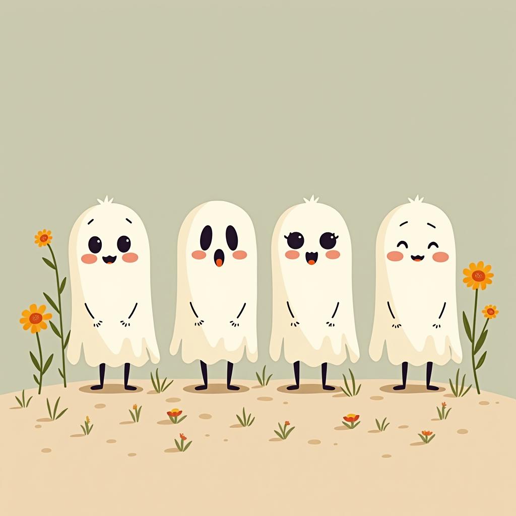  create a digital illustration featuring a row of four or five cute, cartoonish ghost characters, each with a different appearance, standing in different positions within sparse, life like wildflowers.