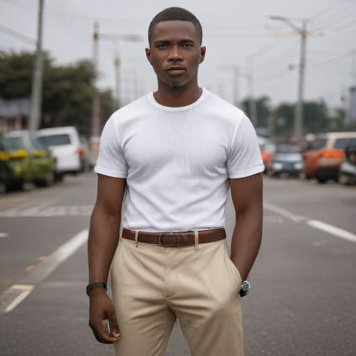 mdjrny-v4 style Hyperdetailed and photorealistic of an african-americans in khaki trousers and white t-shirt in Lagos, Nigeria. They should wear shirts, not suits. Make use of Canon EF 16-35mm f/2.8L Ill USM lens on a Canon EOS 5D Mark IV camera. Ensure the image is hyperrealistic, ultra-detailed, shot in 8k. Make use of professional color grading v5 -