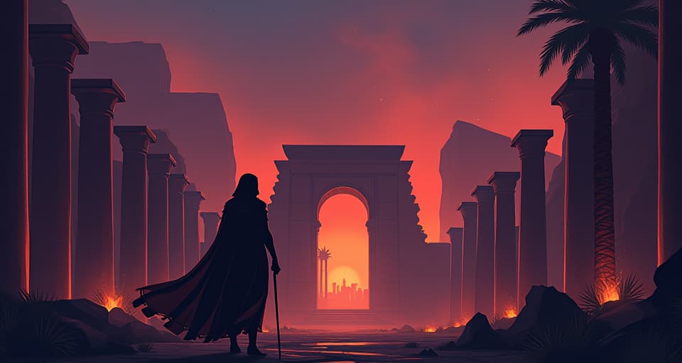  ancient ruins at twilight, spirits of ancestors, faint and shimmering, lingering presence, watchful and protective.. the style is digital art illustration / modern comic book / mysterious occult, symbolic, esoteric vibe,high detail on character design, incorporating ancient egyptian symbology and attire.