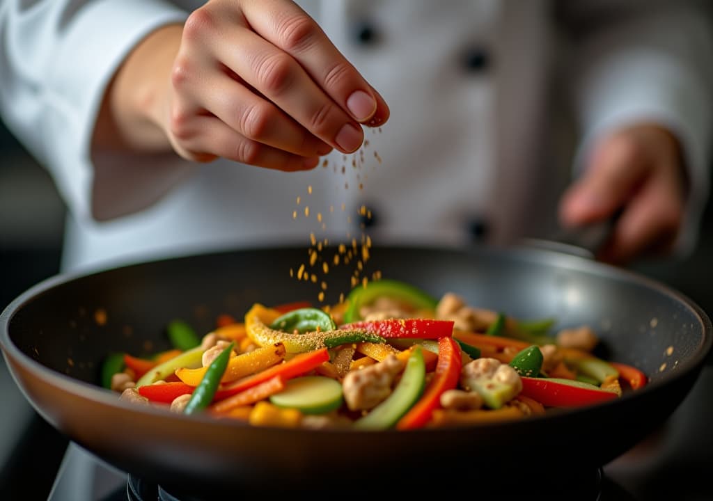  a chef sprinkles seasoning over a vibrant vegetable stir fry in a sizzling pan, capturing the essence of culinary artistry.