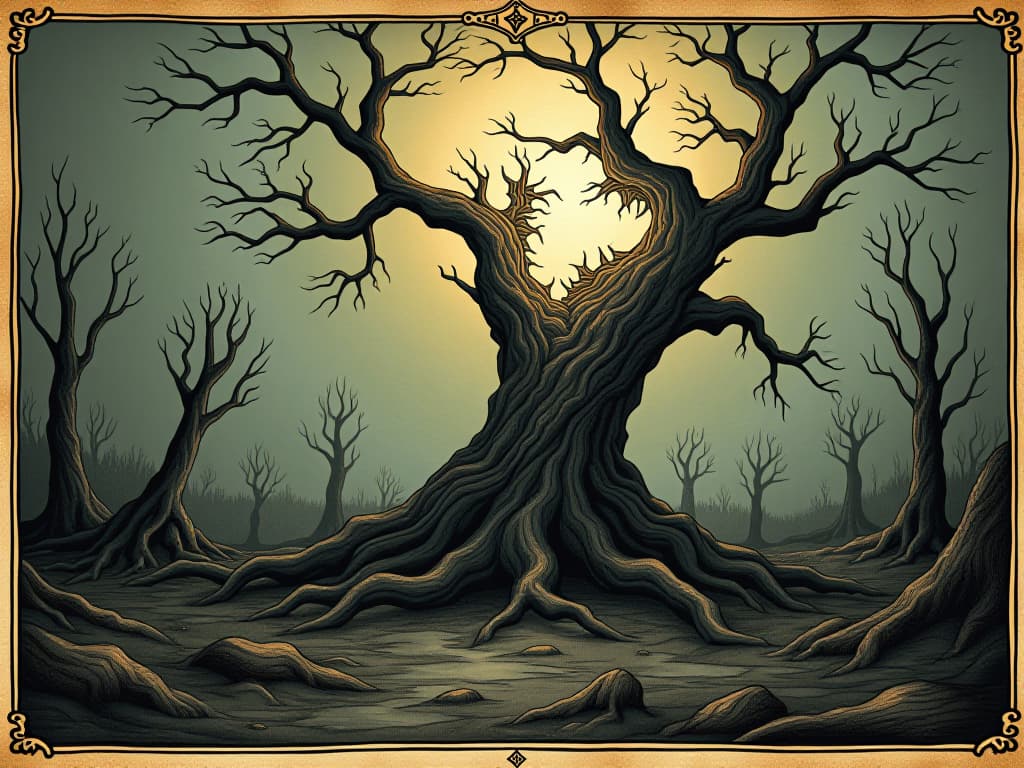  koschei’s disintegrated soul fragments causing uprooted trees and broken landscape, essence of chaos, unsettling, turbulent. an illustration in the style of a worn, mystical old tarot trump card, mysterious and elements of surrealism. the colors are muted, somber and eerie, but with contrast bring out an occult and esoteric vibe.