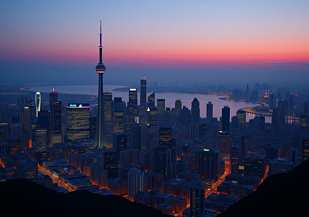  a panoramic cityscape of toronto at dusk, showcasing the iconic cn tower, the glittering financial district skyscrapers, and the diverse neighborhoods stretching to the horizon, with lake ontario in the foreground reflecting the city lights., in the style of pixel art hyperrealistic, full body, detailed clothing, highly detailed, cinematic lighting, stunningly beautiful, intricate, sharp focus, f/1. 8, 85mm, (centered image composition), (professionally color graded), ((bright soft diffused light)), volumetric fog, trending on instagram, trending on tumblr, HDR 4K, 8K