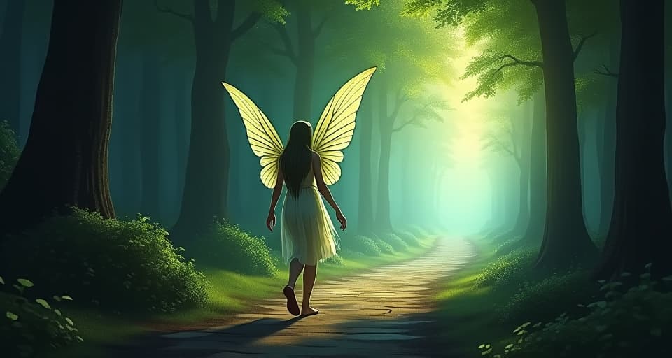  ethereal winged elf stepping away from dark shadows. bright, clear path ahead, shimmering trees, sense of relief and determination.. the style is digital art illustration,highly detailed, whimsical,magical, dreamlike atmosphere, realism and fantasy blend, smooth, glossy textures,luminous quality, wonder and enchantment.