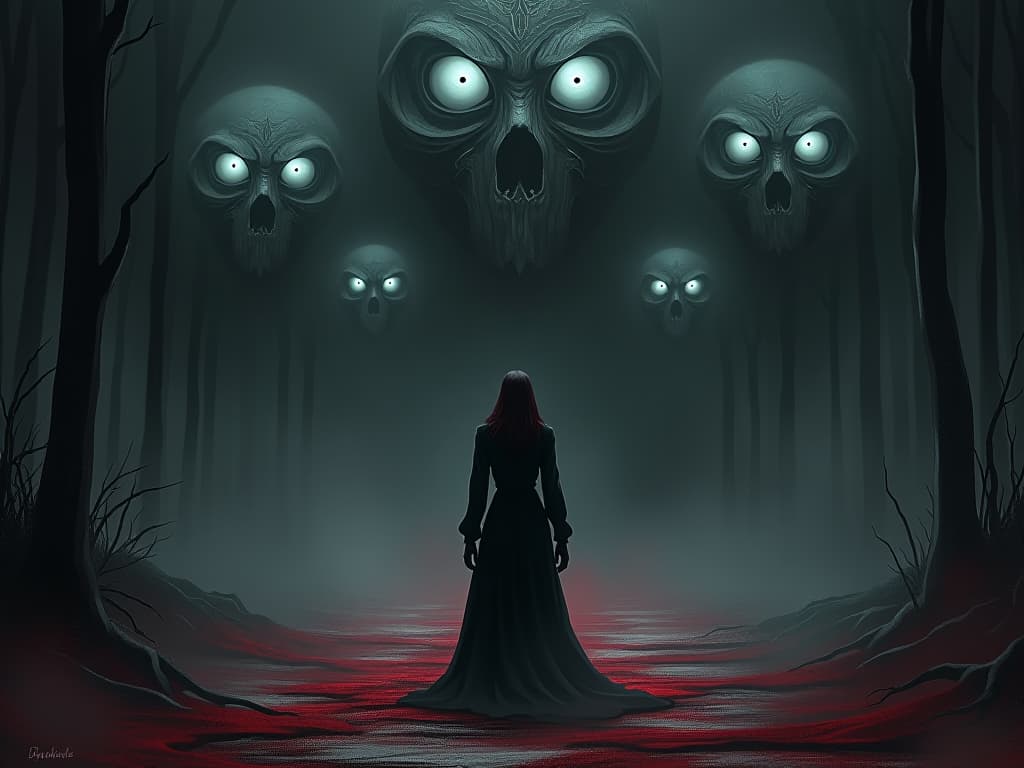  surrealistic scene, floating whispers and judging eyes, central character shrinking away, anxious atmosphere of scrutiny. the style is dark fantasy and mysterious occult, symbolic, moody lighting, esoteric vibe,high detail on character design. for the color scheme emphasize blacks and reds.