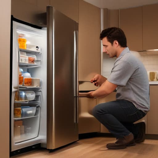 A photo of a skilled appliance repair technician meticulously adjusting the intricate inner components of a refrigerator in a cozy kitchen during the soft glow of early evening light.