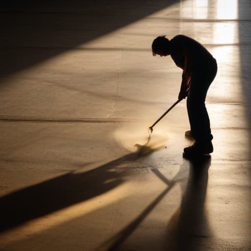 A photo of a concrete worker polishing a freshly laid concrete floor in an industrial warehouse during the early morning light with a soft golden glow casting long shadows across the textured surface.