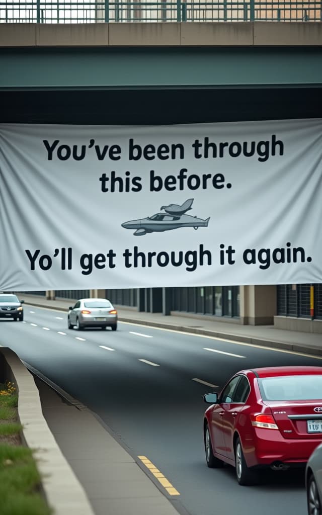  the image shows a large white banner hanging from a pedestrian bridge over a road. the banner has a message written in bold, black, uppercase letters, which reads: "you've been through this before. you'll get through it again." the banner is suspended directly above a lane of traffic. below the bridge, you can see cars driving on the road—two of which are more prominently visible: a red car on the right and a silver or grey car on the left. the road appears to be a multi lane street, likely in an urban area, with a concrete barrier and some grass visible on the left side of the image.